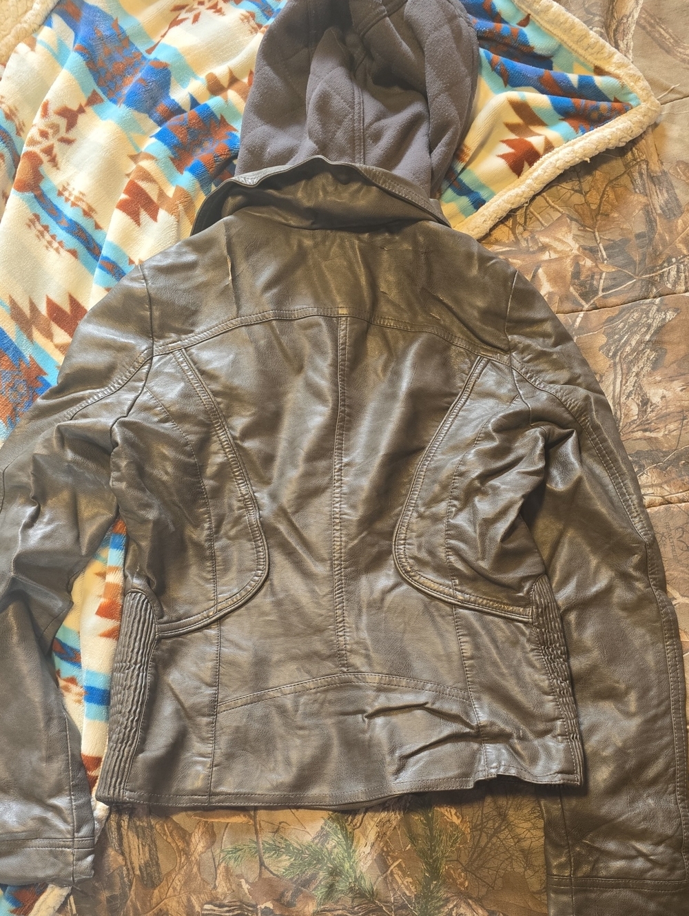 Women's Grey Faux Leather Hooded Jacket